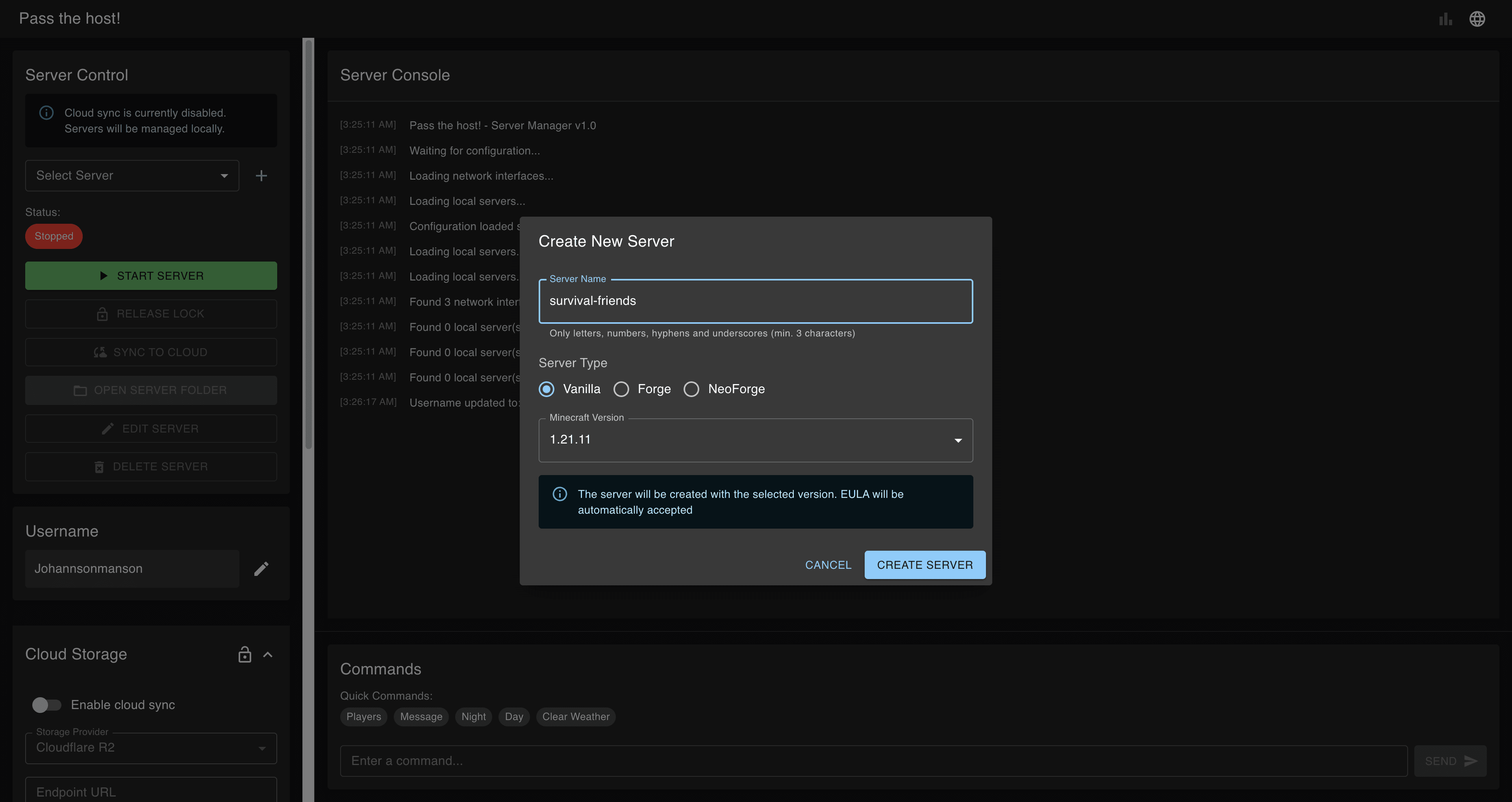 Dialog for creating a new server in Pass the host