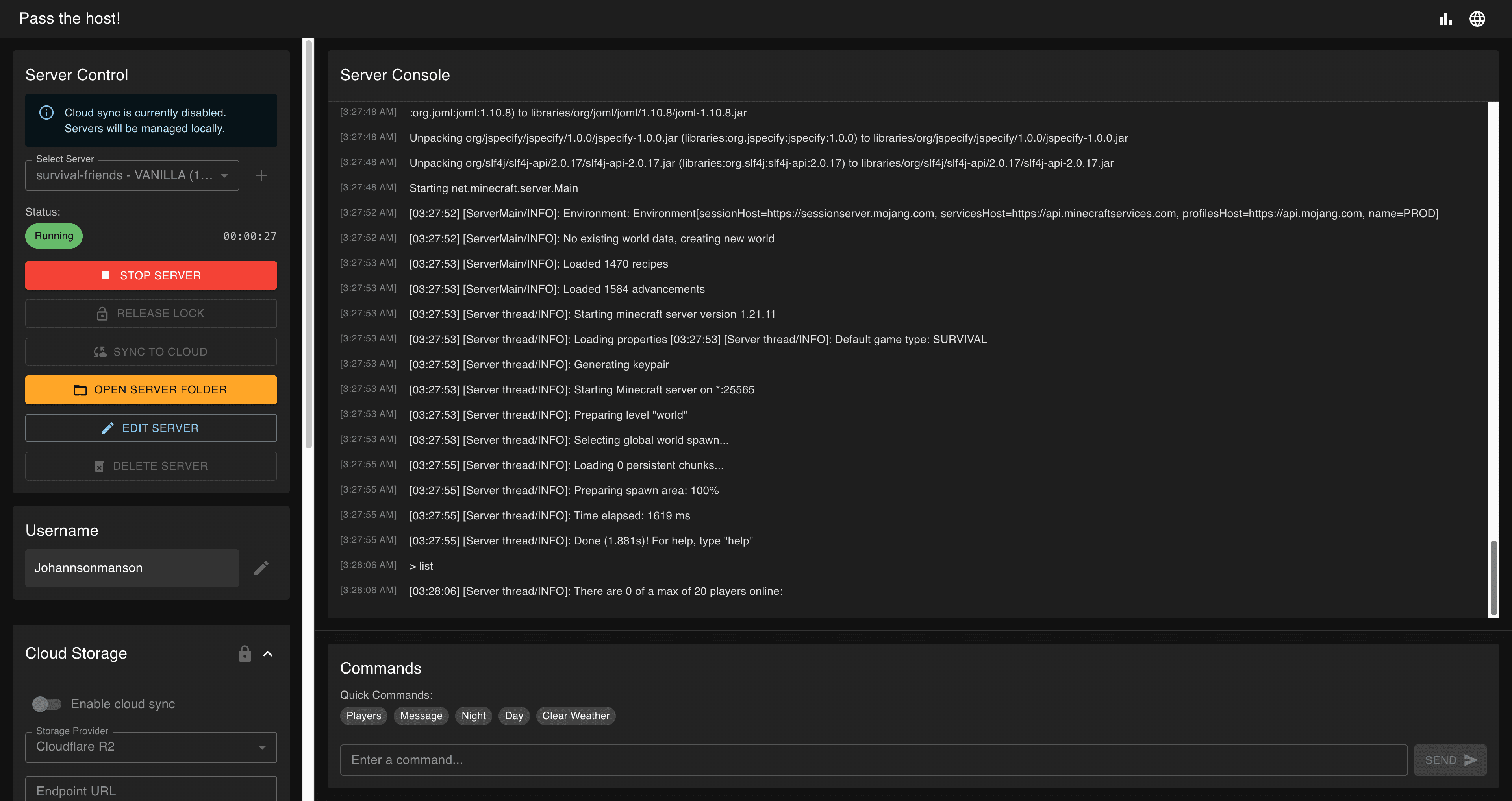 Pass the host main screen with the server controls and the console